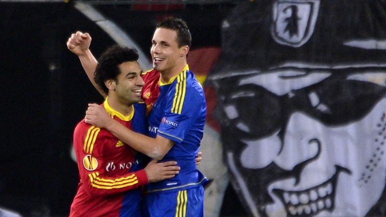 Salah celebrating with Basel team-mate David Degen, brother of Philipp, in 2012