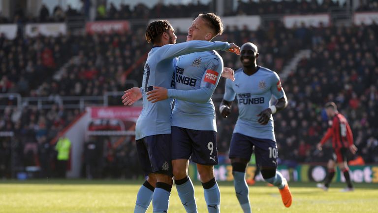 Dwight Gayle celebrates his first goal for Newcastle