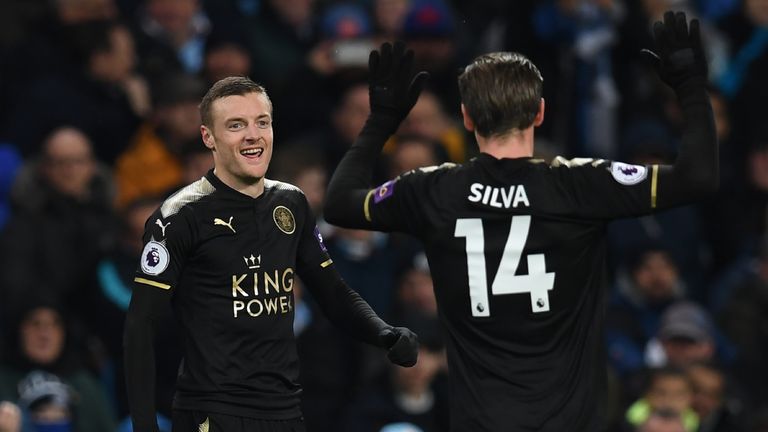 Jamie Vardy celebrates his equaliser with Adrien Silva