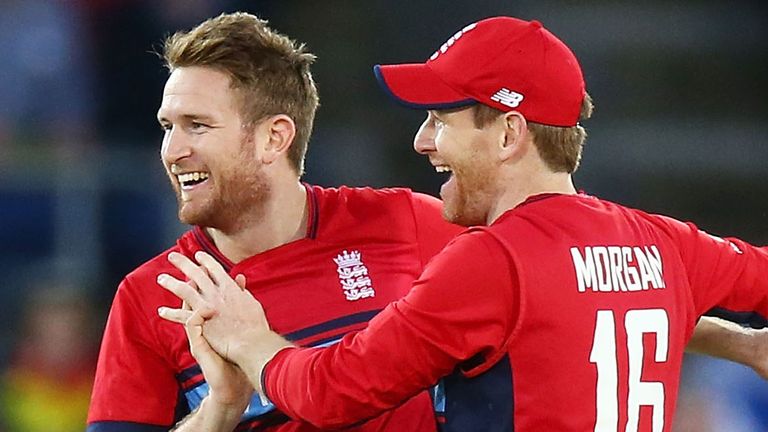 Liam Dawson and Eoin Morgan in Twenty20 action for England