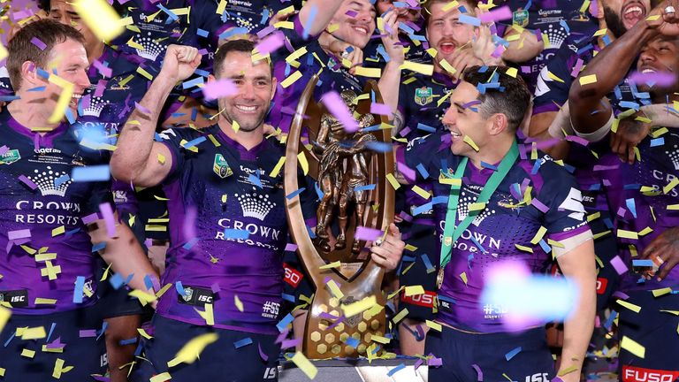 Melbourne Storm celebrate with the Provan-Summons trophy after winning the 2017 NRL Grand Final match against the North Queensland Cowboys
