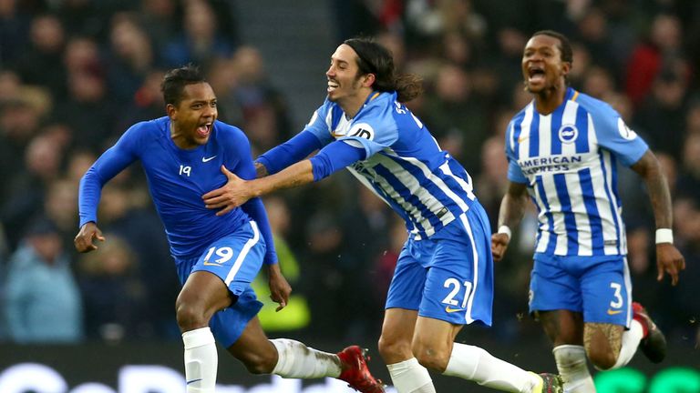Jose Izquierdo celebrates his goal with Brighton team-mates
