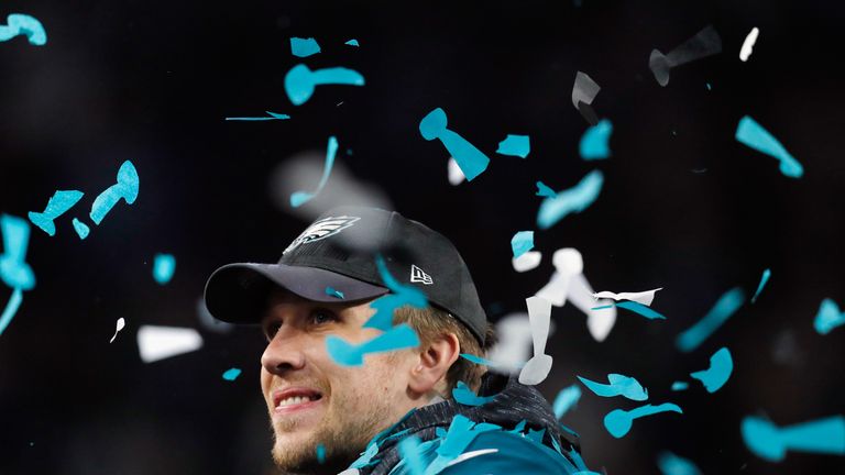 Nick Foles celebrates Philadelphia's 41-33 victory over New England in Super Bowl LII