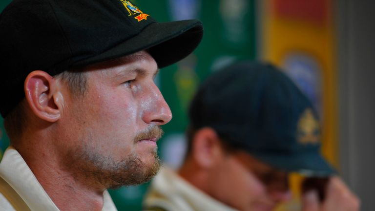 Steven Smith (capt) and Cameron Bancroft of Australia (L) address the media after the latter was caught tampering with the ball against South Africa