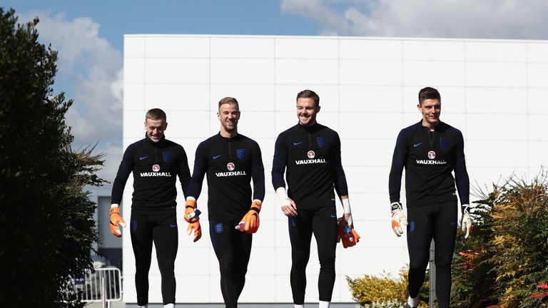 England goalkeepers Jordan Pickford, Joe Hart, Jack Butland and Nick Pope ahead of their international friendly against Italy in March