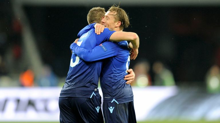 Lazio defender Stefan De Vrij celebrates his goal