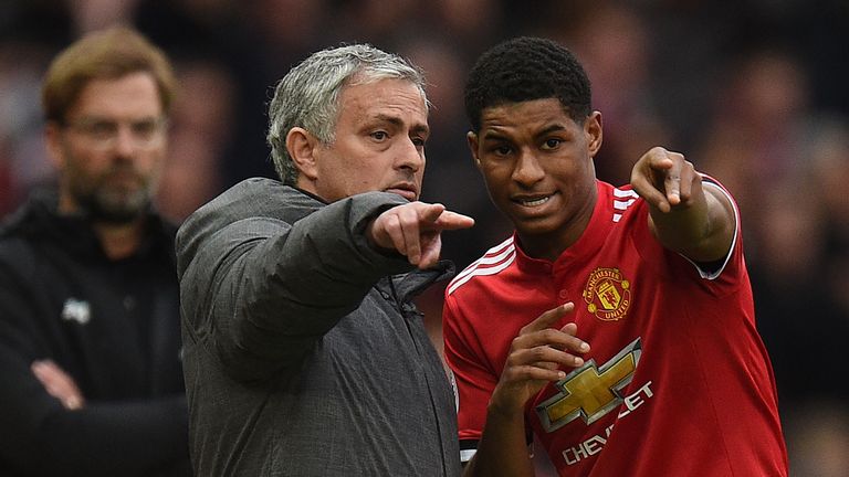 Jose Mourinho gives some advice to Marcus Rashford, one of four Manchester United players in England's World Cup squad