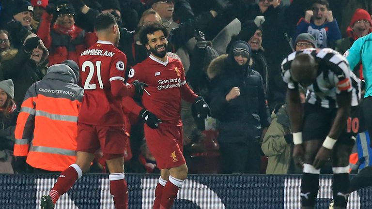 Mohamed Salah celebrates with Alex Oxlade-Chamberlain after giving Liverpool the lead