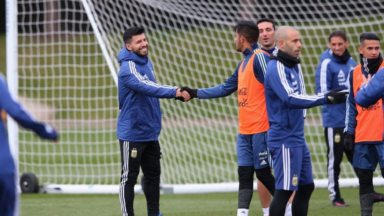 Sergio Aguero (left) has not taken part in any full training sessions with Argentina