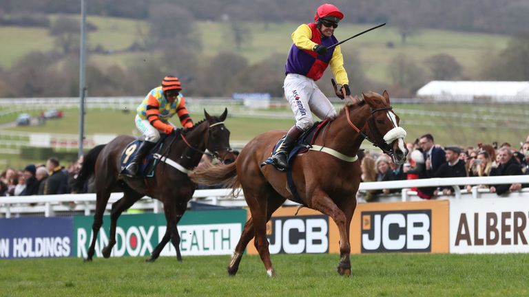 Richard Johnson celebrates as Native River beats Might Bite in the Timico Cheltenham Gold Cup
