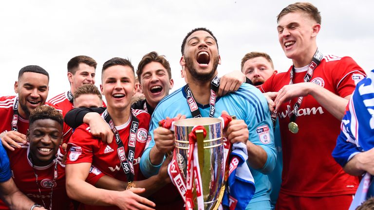 Accrington lifted the trophy after becoming Sky Bet League Two champions (credit: Sky Bet/JMP)