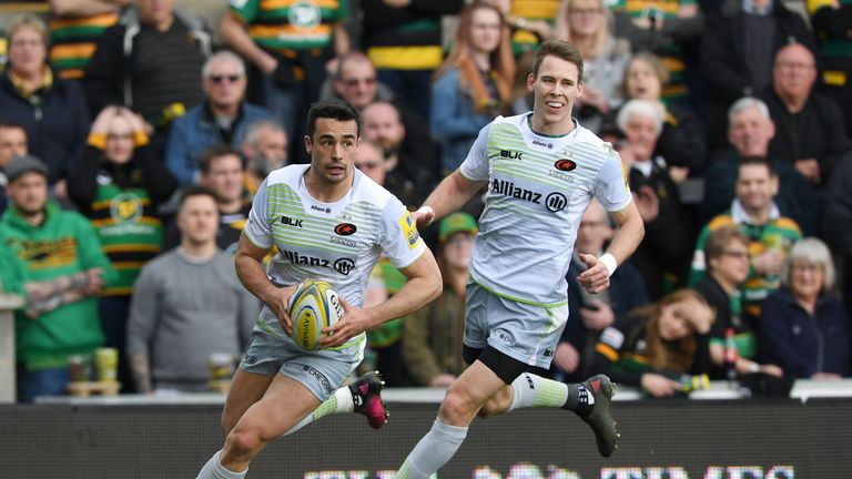 Alex Lozowski scored the first of Saracens' nine tries at Franklin's Gardens