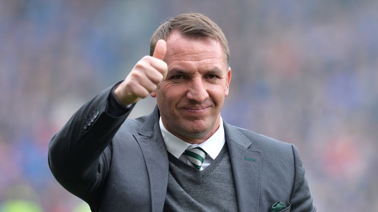   Celtic boss Brendan Rodgers salutes his players after their victory over Alashkert 
