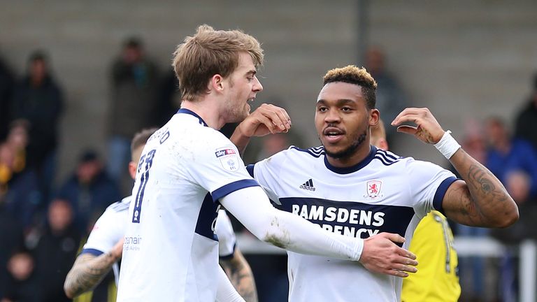 Middlesbrough's Britt Assombalonga celebrates with Patrick Bamford