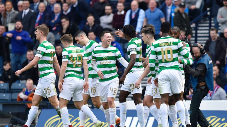 Celtic's Callum McGregor (centre) celebrates his goal against Rangers in the Scottish Cup semi-final win earlier this month.