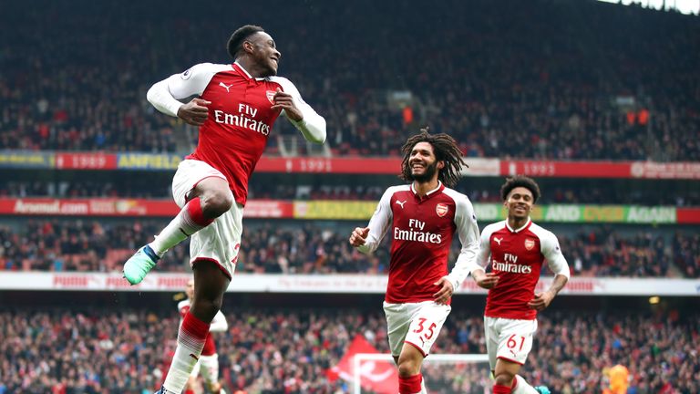 Welbeck celebrates scoring Arsenal's second goal, his first