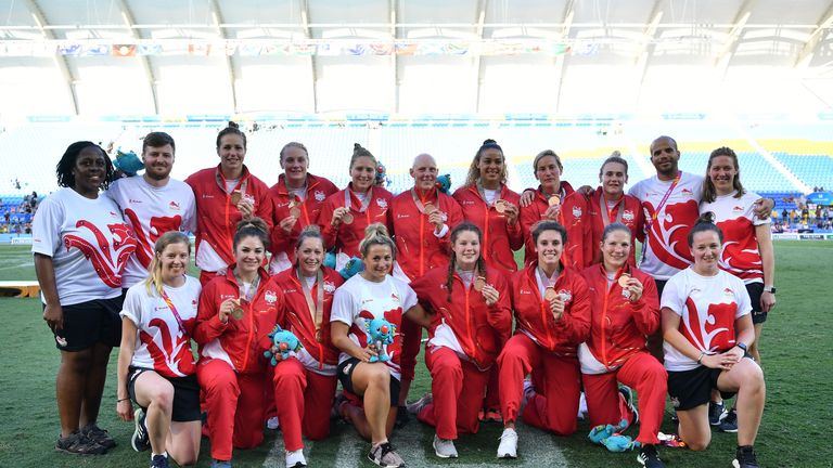 The England women's team display their Commonwealth Games bronze medals