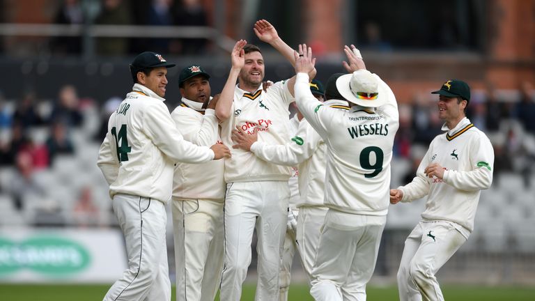 Harry Gurney celebrates one of his six wickets as Nottinghamshire bowled Lancashire out for 73