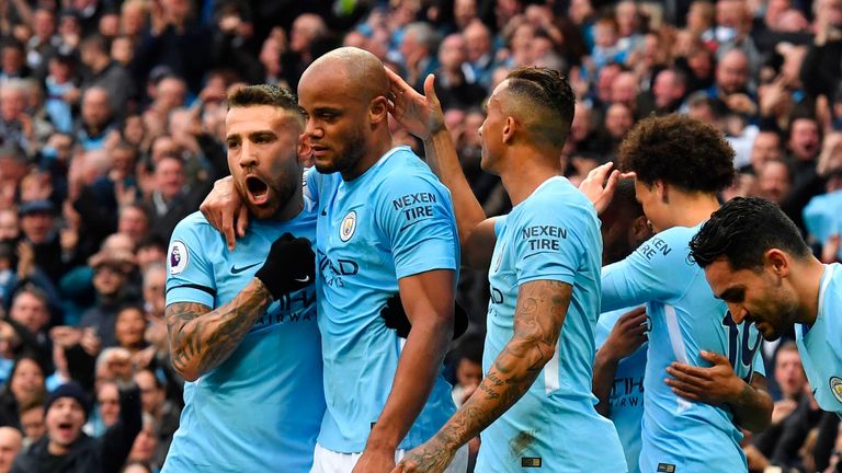 Nicolas Otamendi and Danilo congratulate Vincent Kompany after giving Manchester City the lead