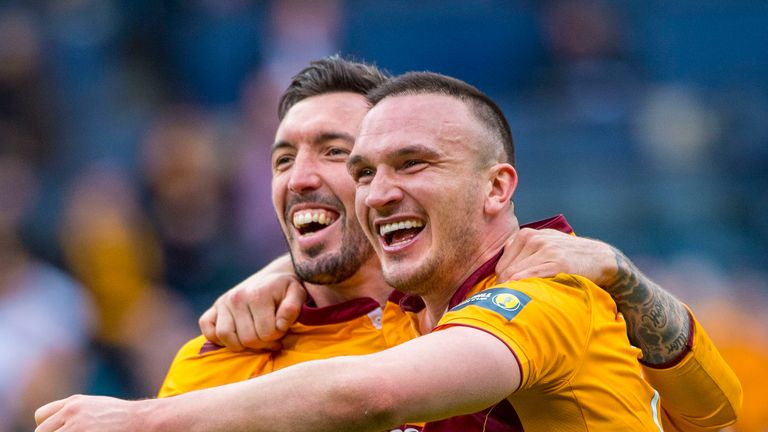 Motherwell's Ryan Bowman (L) celebrates with Tom Aldred at full-time