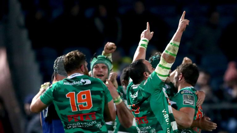 Simone Ferrari celebrates at the final whistle as Benetton create PRO14 history