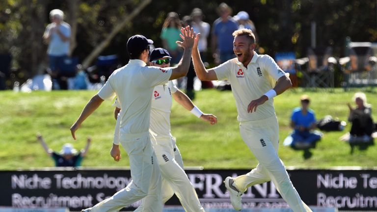 Stuart Broad celebrates after his double strike with the first two balls on day five in Christchurch