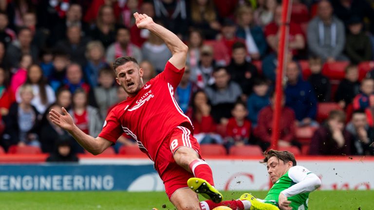 Aberdeen's Dom Ball is tackled by Hibernian's Scott Allan (right)