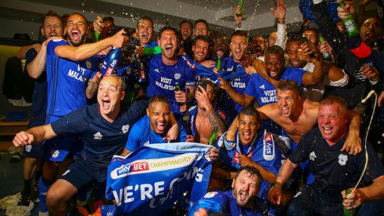 Cardiff City celebration their promotion to the Premier League, Geoff Caddick/JMPUK