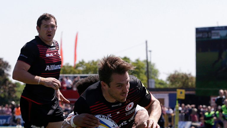 Chris Wyles of Saracens scores his side's third try during the Aviva Premiership semi-final against Wasps