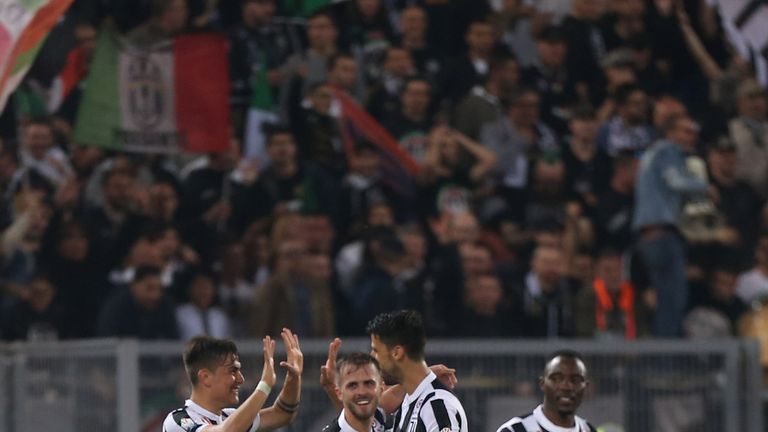 Juventus celebrate after Nikola Kalinic's own gola puts them 4-0 up