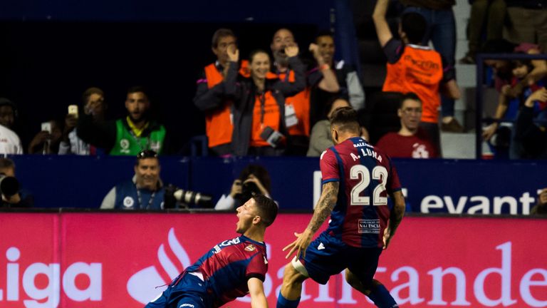 Enis Bardhi celebrates making it 3-1 on a pulsating night at the Estadi Ciutat de València