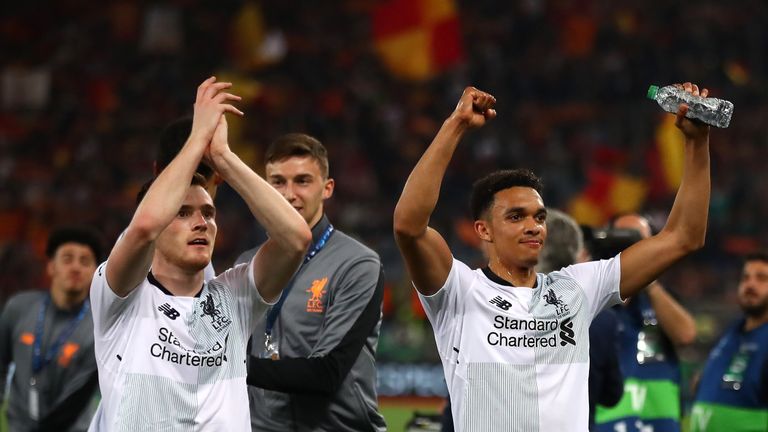Alexander-Arnold, right, celebrates Liverpool's semi-final victory over Roma
