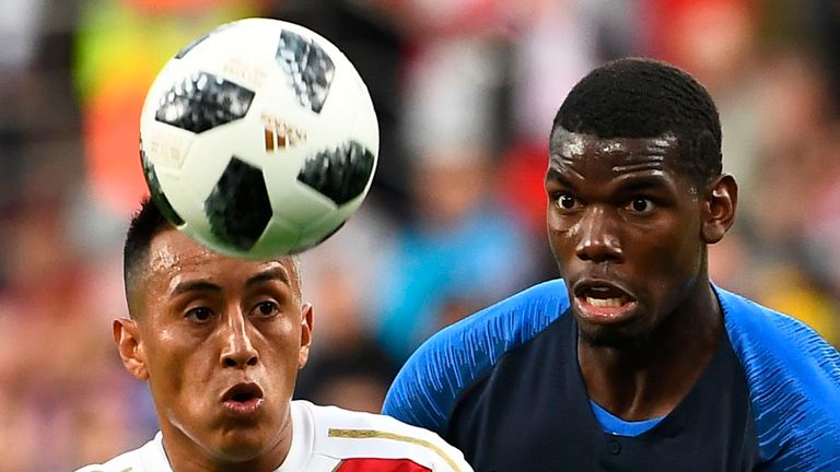 Christian Cueva and Paul Pogba in action at the Ekaterinburg Arena