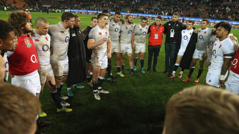 England captain Owen Farrell addresses his team following their victory over South Africa at Newlands.