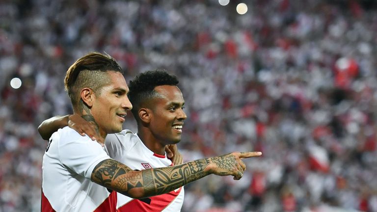 Paolo Guerrero (L) scored twice during an international friendly against Saudi Arabia on June 3