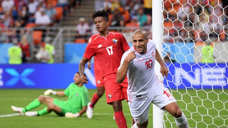 Wahbi Khazri of Tunisia celebrates after scoring the second goal 