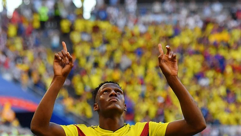 Yerry Mina celebrates after scoring the goal that sent Colombia through to the knockout stage of the World Cup [스카이 스포츠] 파워랭킹 기반 2018 월드컵 베스트 일레븐 선정 (손흥민 후보)