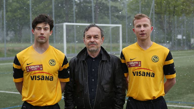 Aaron Altaras (Leon), director Marcel Gisler, and Max Hubacher (Mario) on set of the new movie 'Mario', about two footballers keeping a secret from their team-mates