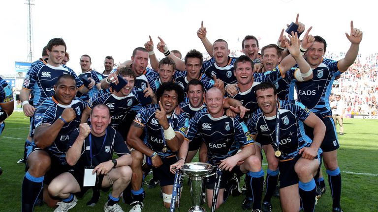 Warburton (back row, in from the right), celebrates Cardiff Blues' Challenge Cup success in 2010