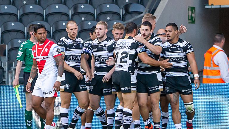 Hull FC celebrate Bureta Faraimo's first of two tries on Friday
