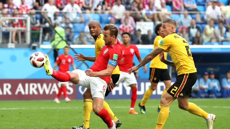 Kane stretches for an effort against Belgium