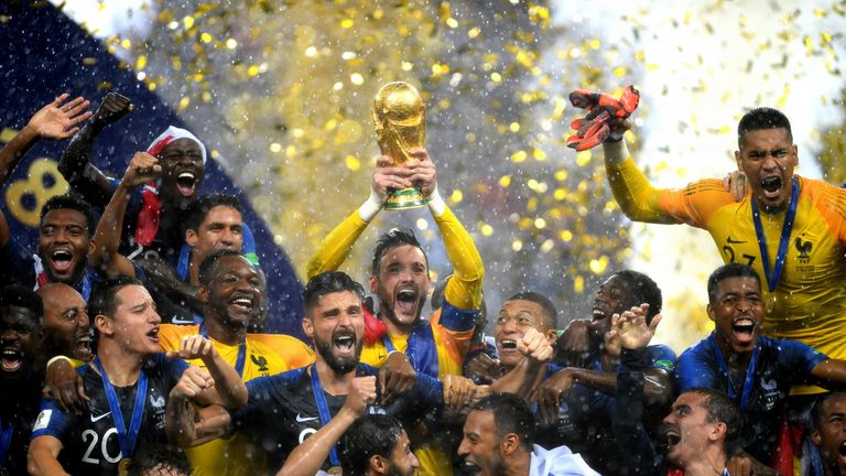 France captain Hugo Lloris lifts the World Cup trophy after the 4-2 defeat of Croatia