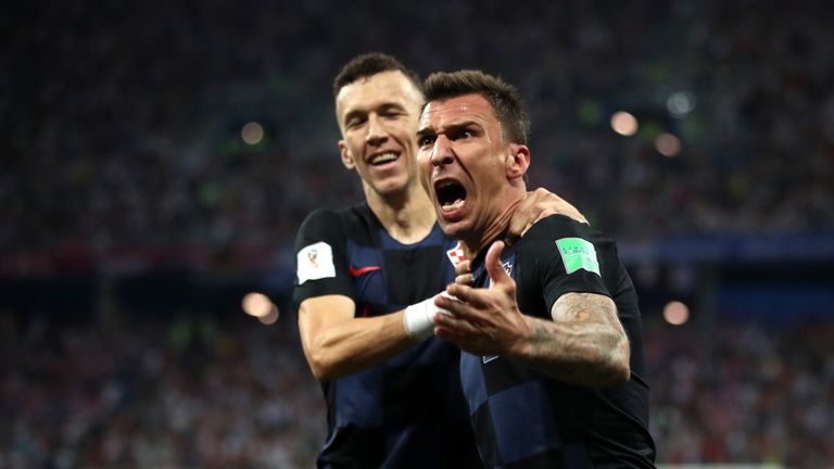 Mario Mandzukic celebrates with Ivan Perisic after Croatia equalise against Denmark