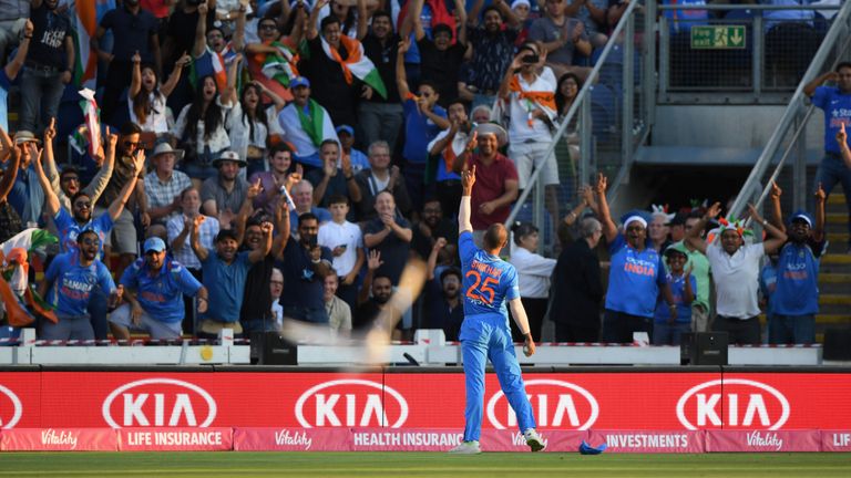 Shikhar Dhawan celebrates in front of the India fans after his brilliant catch