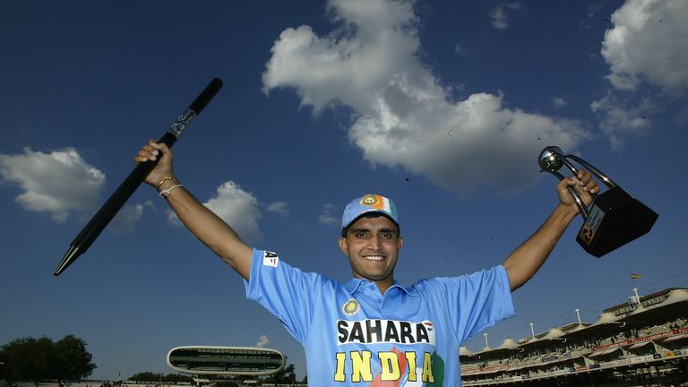 Sourav Ganguly finds his shirt and celebrates India's win in the 2002 NatWest Trophy final at Lord's