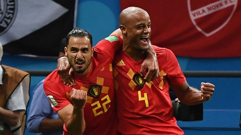 Nacer Chadli and Vincent Kompany celebrate a Belgium goal