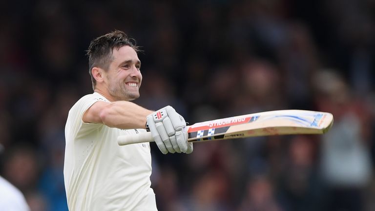 Chris Woakes celebrates his maiden Test century