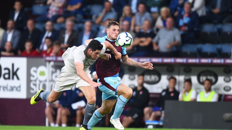 Burnley's Chris Wood holds off Scott McKenna of Aberdeen