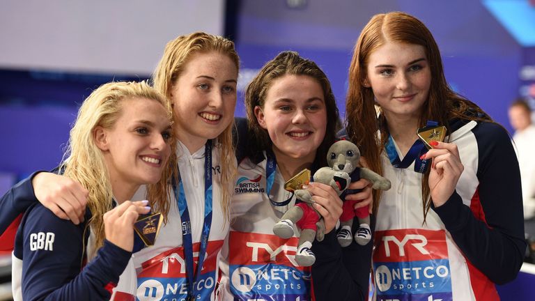 Eleanor Faulkner, Kathryn Greenslade, Holly Hibbott and Freya Anderson celebrate gold
