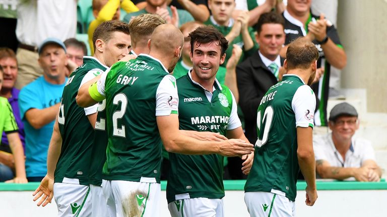 Hibernian's Stevie Mallan celebrates after opening the scoring against Motherwell last Sunday